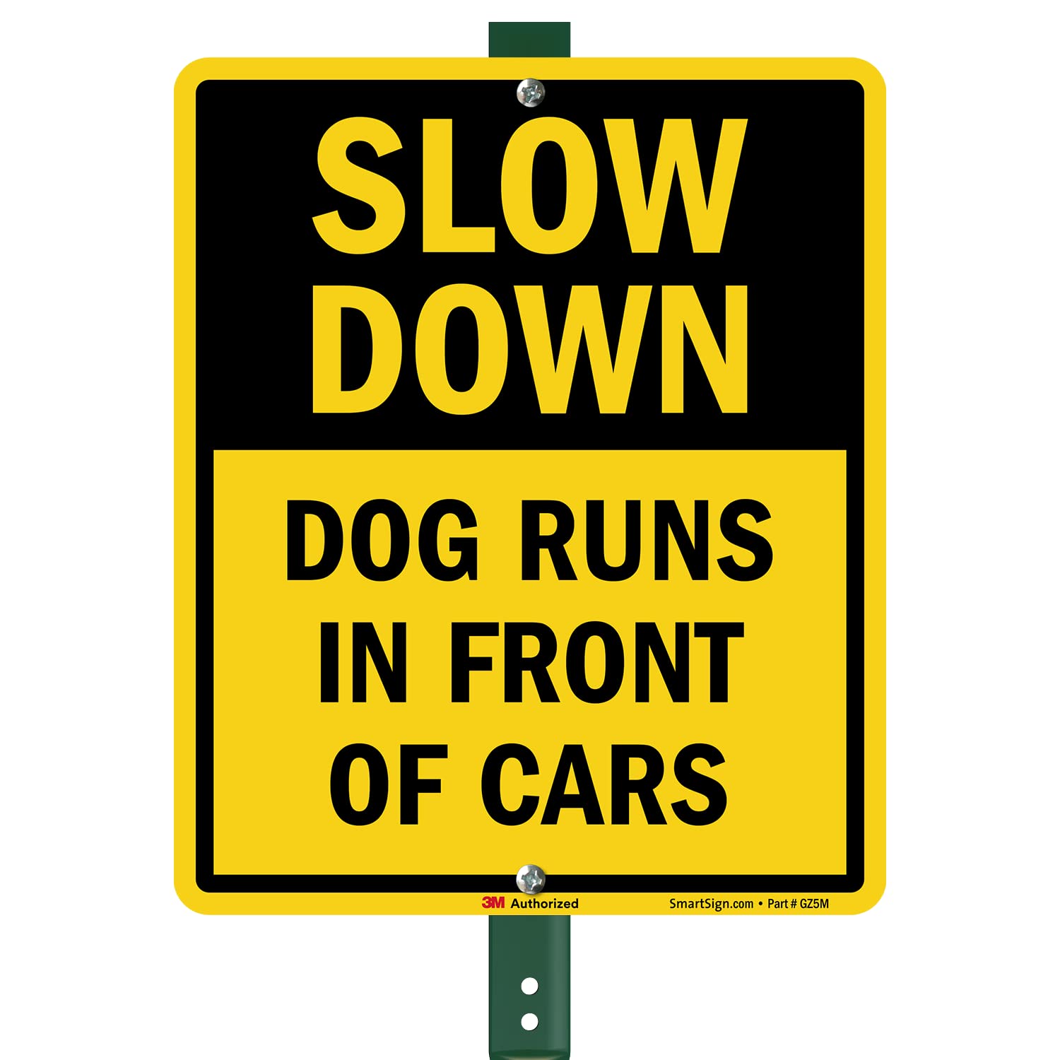 SmartSign 12" x 10" 'Slow Down Dog Runs In Front Of Cars' LawnBoss Yard Sign with 3 ft Stake, 40 mil Aluminum, 3M Laminated Engineer Grade Reflective