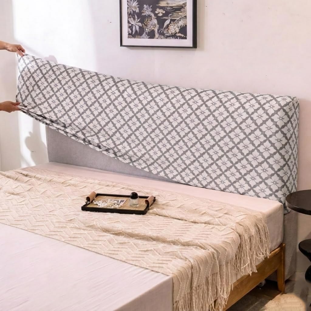HOMETHREADS 200 GSM Stretchable Jacquard Headboard Cover | Soft, Dust-Proof & Wrinkle-Resistant Bed Back Protector | Fits Leather, Wooden & Fabric Bedsides | for 6ft to 6.5ft Beds (Grey, 178x65Cm)-image-17