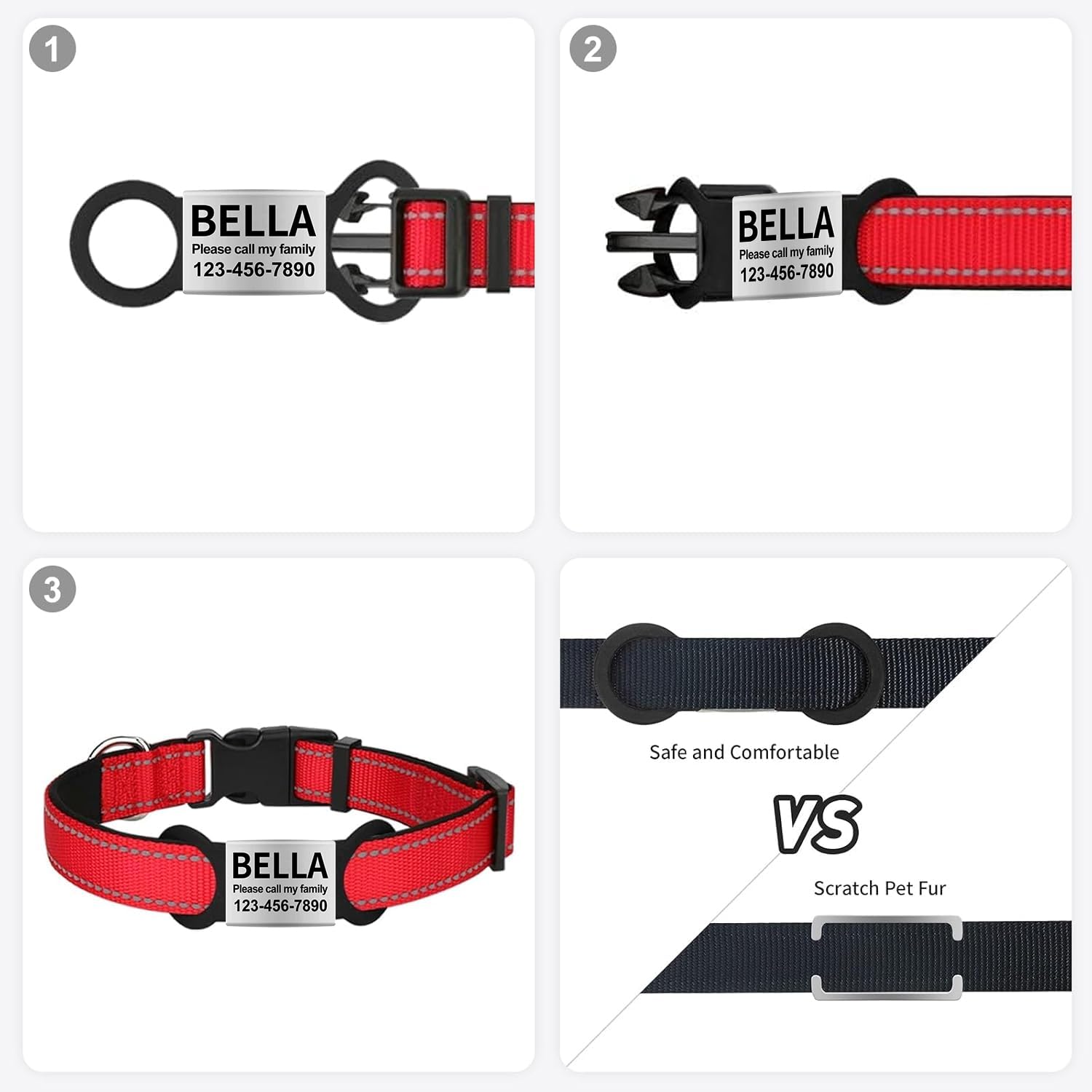 Silent Slide On Dog Cat ID Tags, Personalized Laser Engraved On Collar, Elastic Silicone Band and Stainless Steel Name Plate (Red, Medium)