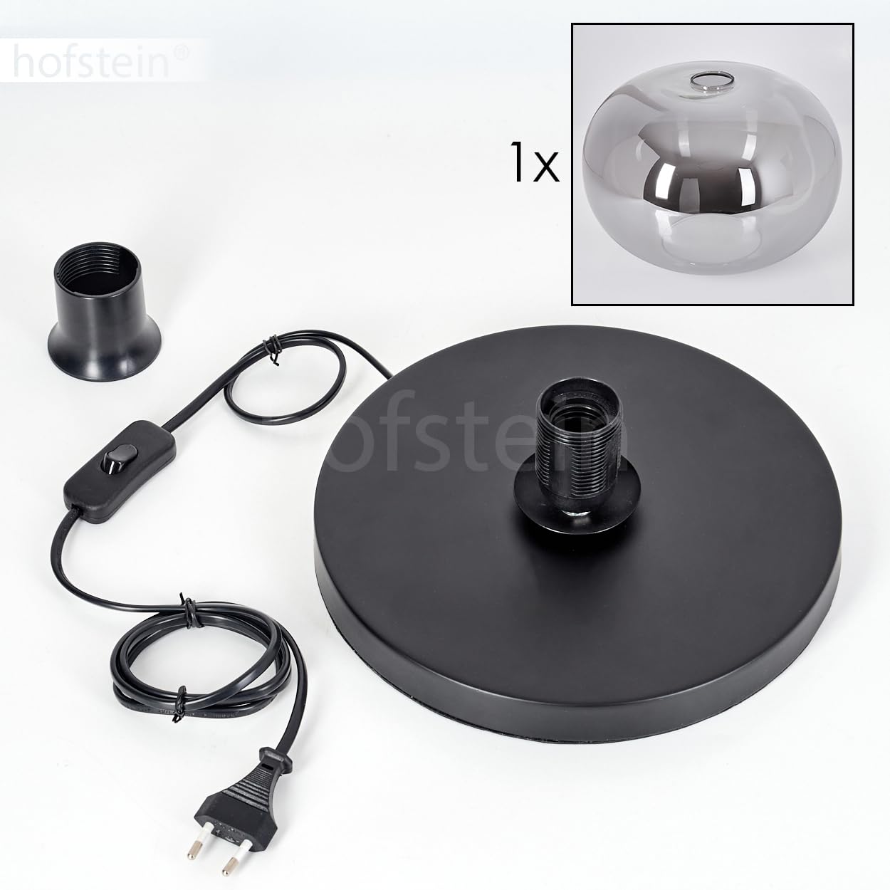 Tischleuchte Apedo, Tischlampe aus Metall/Glas in Schwarz/Rauchfarben, Leuchte im modernen Retro/Vintage-Design mit Schirm aus Glas (Ø 30 cm) u. An/-Auschalter am Kabel, 1 x E27, ohne Leuchtmittel
