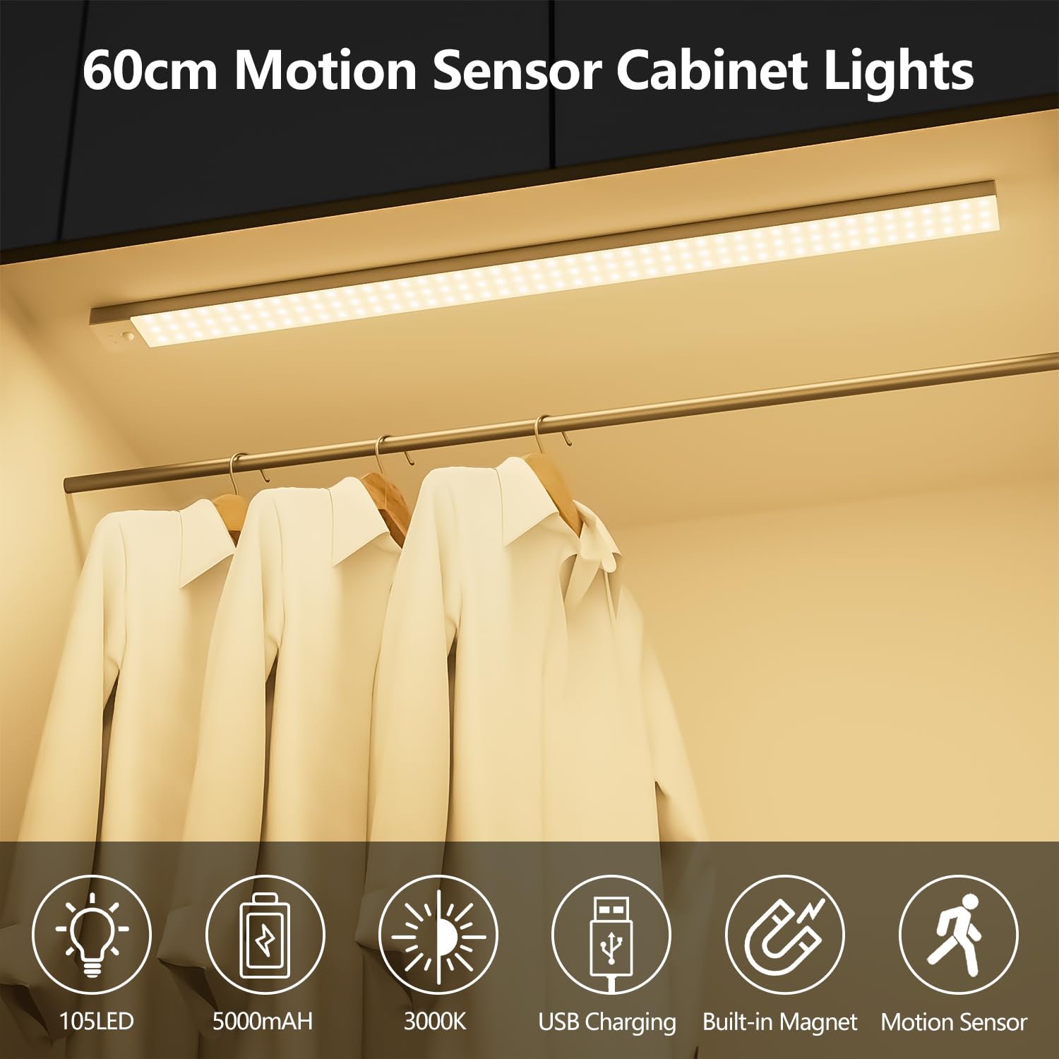 OUILA Lot de 2 lampes LED pour meuble de cuisine, 60 cm, batterie 5000 mAh, rechargeables par USB, magnétique, sans fil, avec détecteur de mouvement, pour chambre à coucher, atelier, blanc chaud