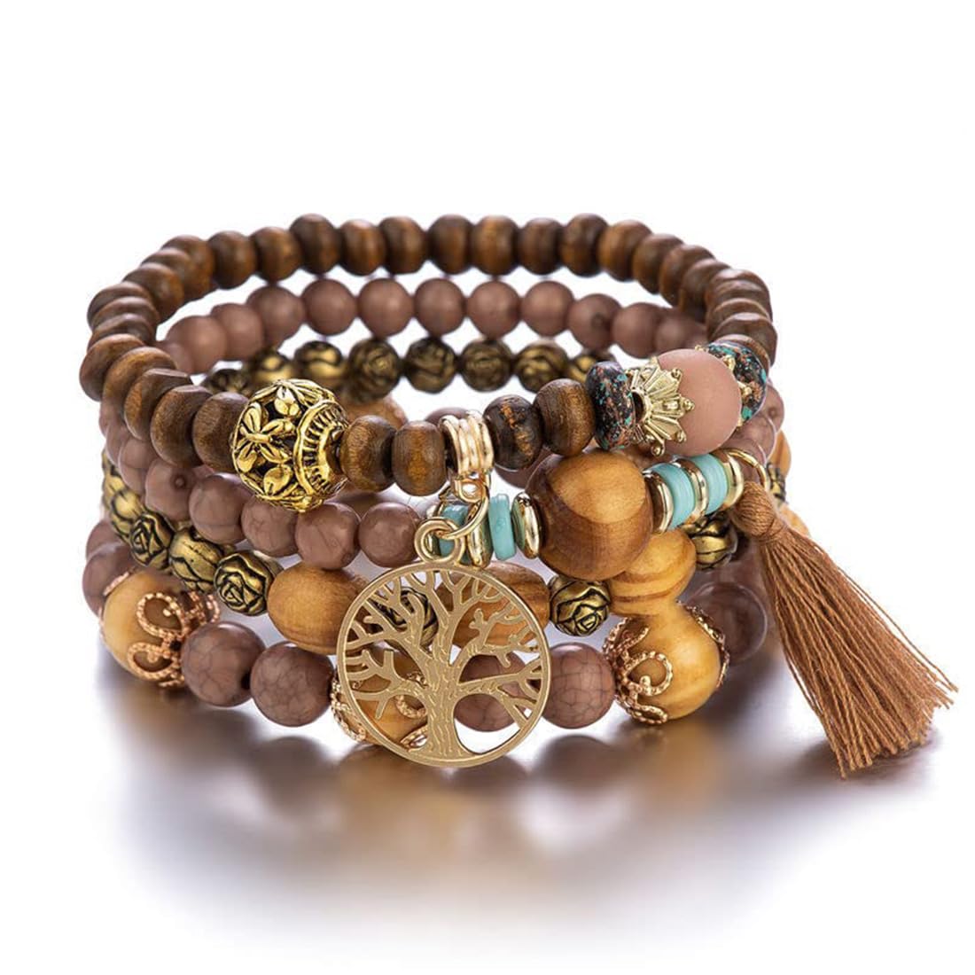 4 Sets Beaded Bracelets, Wooden Beads Bracelets with Tassels, Bohemian Style Beaded Bracelets for Women, Lucky Charm Bracelet Gift Ideas