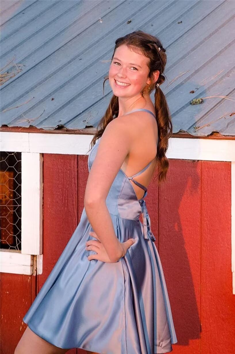 Eightale Vestido corto de satén para fiesta de graduación 2024 para adolescentes con bolsillos, vestido de graduación
