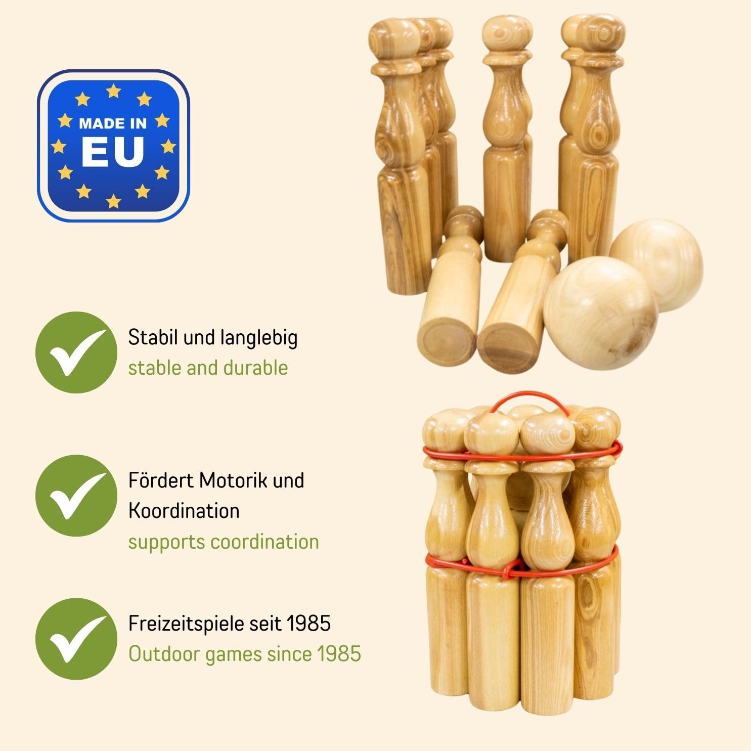 GICO Juego de Conos de Bolos de Madera para niños y Adultos, diversión en Interiores y Exteriores, con Productos de Calidad de Madera Maciza, 24 cm – 3018