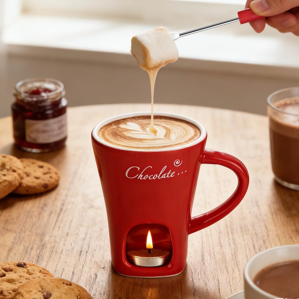 Vicloon Tazas de Fondue de Chocolate, 130 ML Taza de Fusión de Chocolate de Cerámica, Taza de Fusión de Queso con Tenedores, para Derretir Queso, Chocolates y Mantequilla (Rojo)