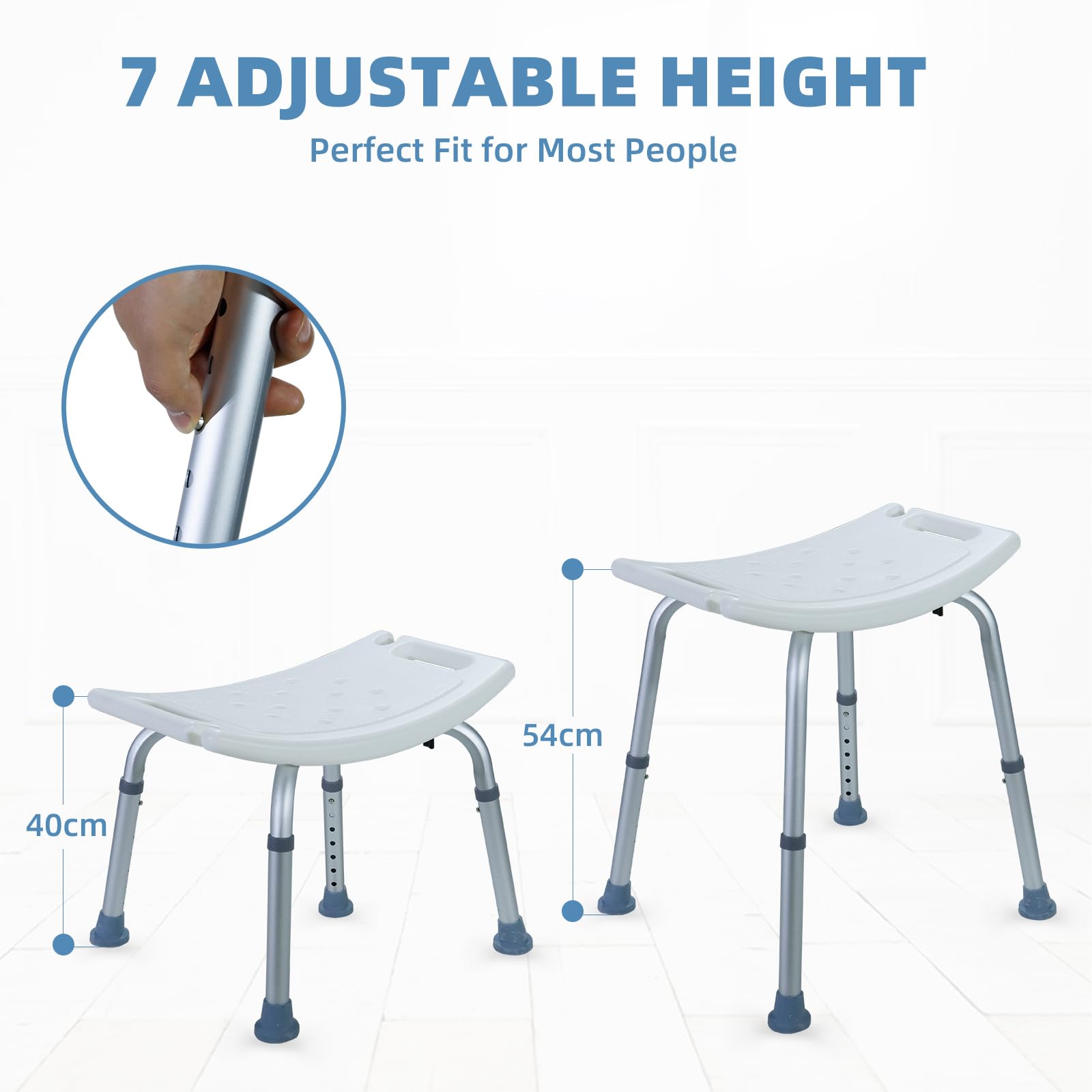 CCLIFE Taboret prysznicowy dla seniorów z antypoślizgową matą, 120 kg, regulacja wysokości, aluminiowe krzesło prysznicowe, antypoślizgowe 40-54 cm