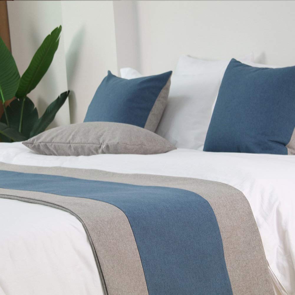WYHQL Double Color Patchwork Bed Runner Bed flag Hotel Luxurious Bedding Bedroom Decorative Scarf Cushion Covers (Color : Blue1, Size : 48x240cm (for 1.8m bed))