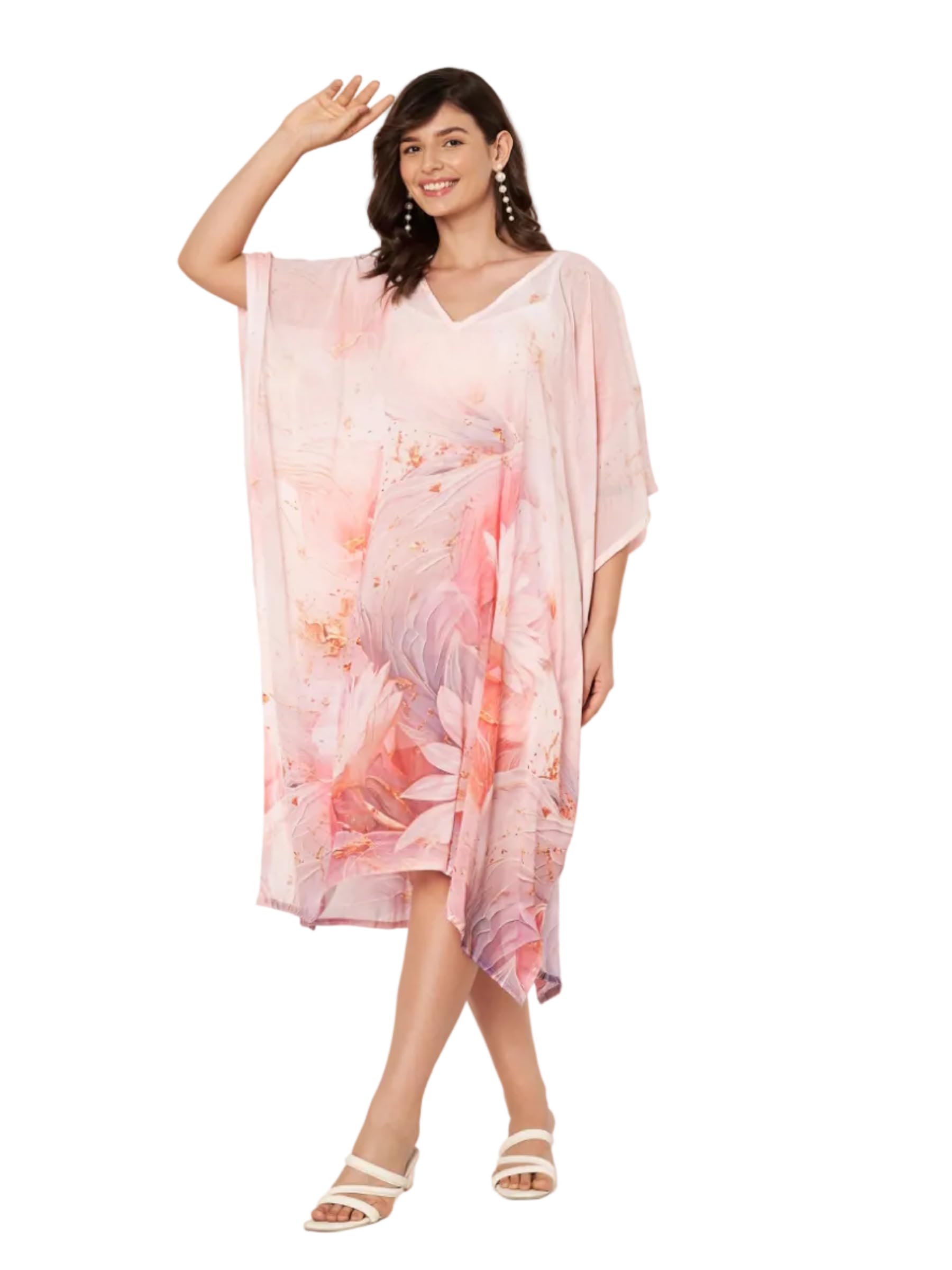 swi with label Women's Printed V-Neck Flared Sleeves Beach Wear Kaftan Dress Digital Print Hidden Adjustable Belt Kaftan Beach Coverup STBW_550-picture-12