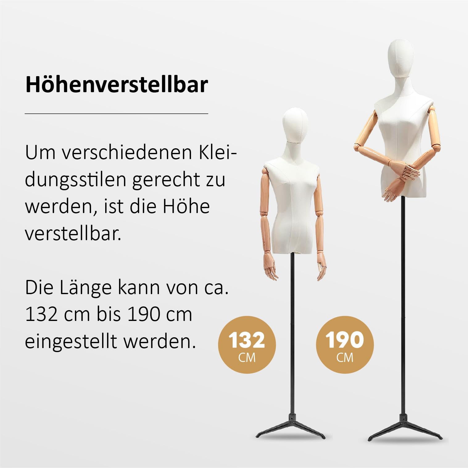 Kurflo Schaufensterpuppe Körper Weiblich, Schneiderpuppe mit abnehmbarem Kopf, Damenbüste mit flexiblen Armen, Mannequin Torso mit Verstellbare Höhe 132-190cm