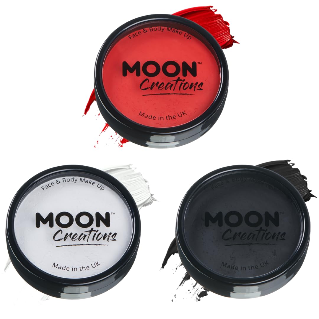 Pro Face & Body Paint Cake Pots by Moon Creations - Set of 3 - Professional Water Based Face Paint Makeup for Adults, Kids - 1.26oz