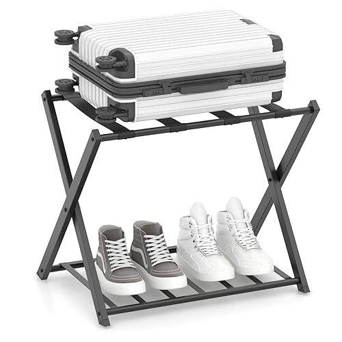 COSTWAY Portavaligie Pieghevole, Porta Valigie Poggia Bagaglio a 2 Ripiani,