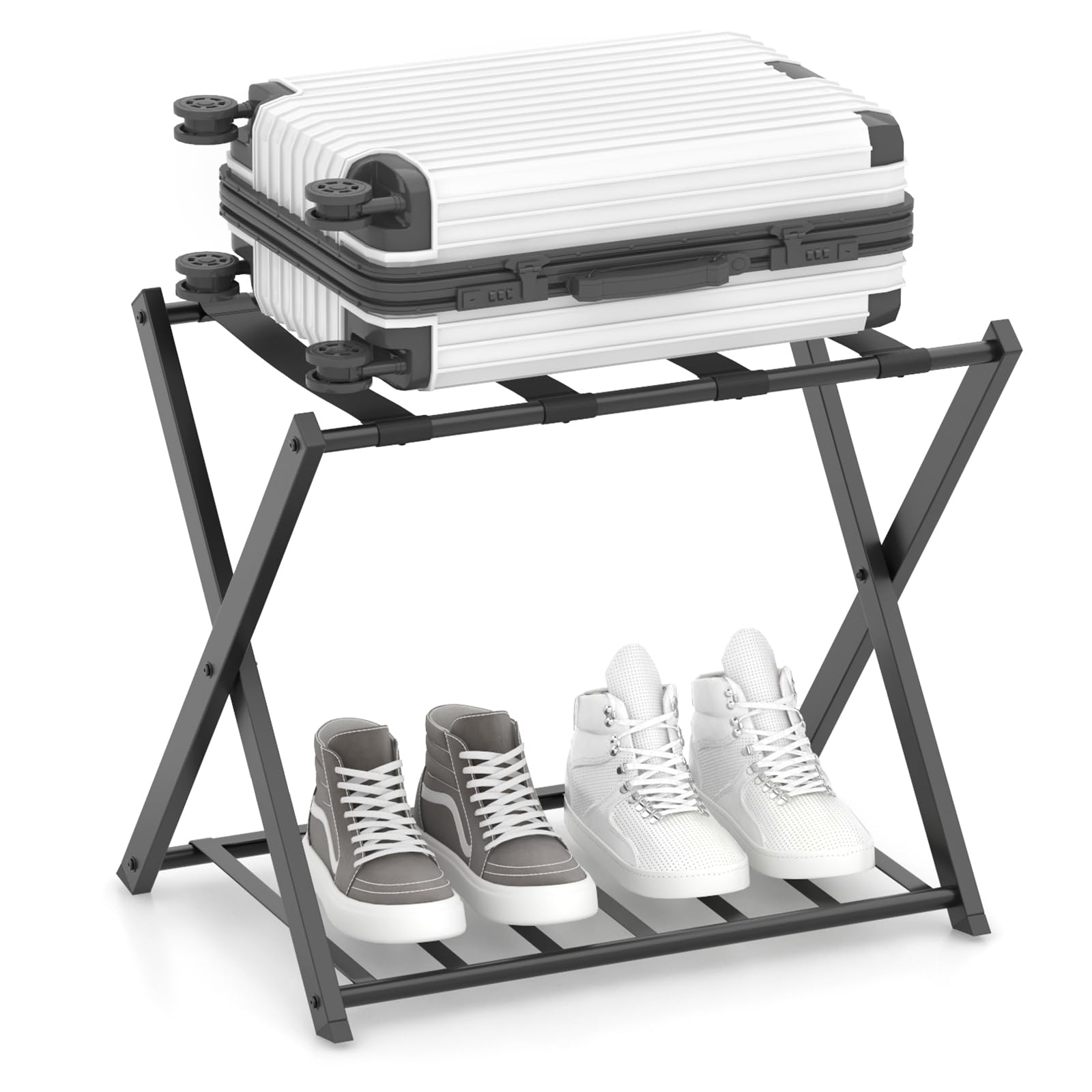COSTWAY Portavaligie Pieghevole a 2 Ripiani in Metallo 68x43x56 cm Nero