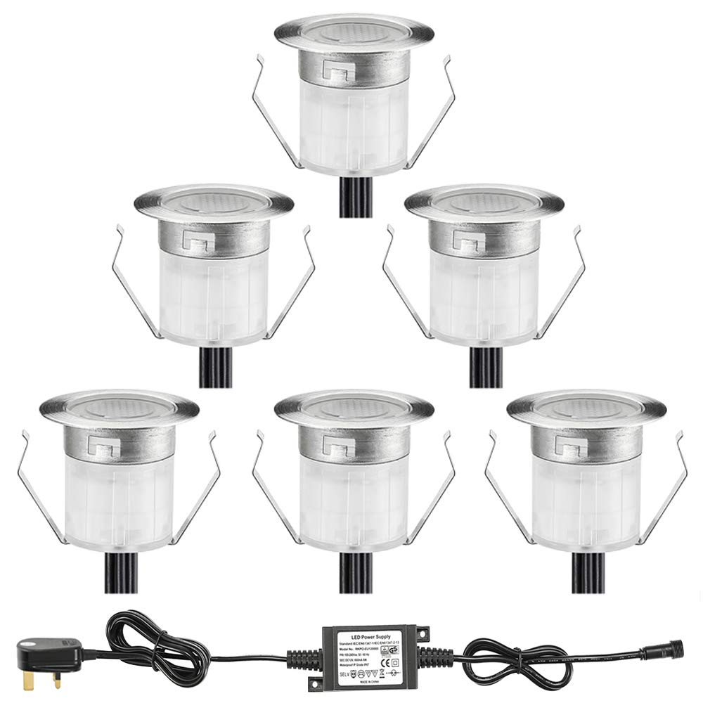INDARUNWarm White Led Decking Lights Outdoor Waterproof IP67 Ø30MM 12V - Led Plinth Light Kits for Terrace/Patio/Path/Wall/Garden/Decoration, 6 Packs