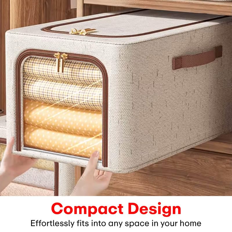 Image of Prime Pick Storage Box Set Foldable Jute Cloth Organizer with Lid Reinforced Handles Washable Wardrobe Storage Bin for Clothes Almirah Drawer Beige Pack of 2