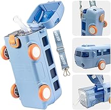 Maraxis Bus Water Bottle for Kids with Straw and Sticker Sport Plastic Portable Drinking Sipper Bottle for Kids Girls Boys for School-Pack of 1 (Blue)