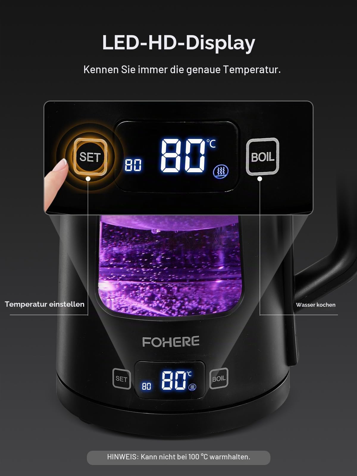 Elektrischer Wasserkocher mit Temperatureinstellung,1.7L Glas Wasserkocher mit Warmhaltefunktion, 2200W Schnelles Koche, Automatische Abschaltung & Trockengehschutz, mit 5 Farbigen Lichtern