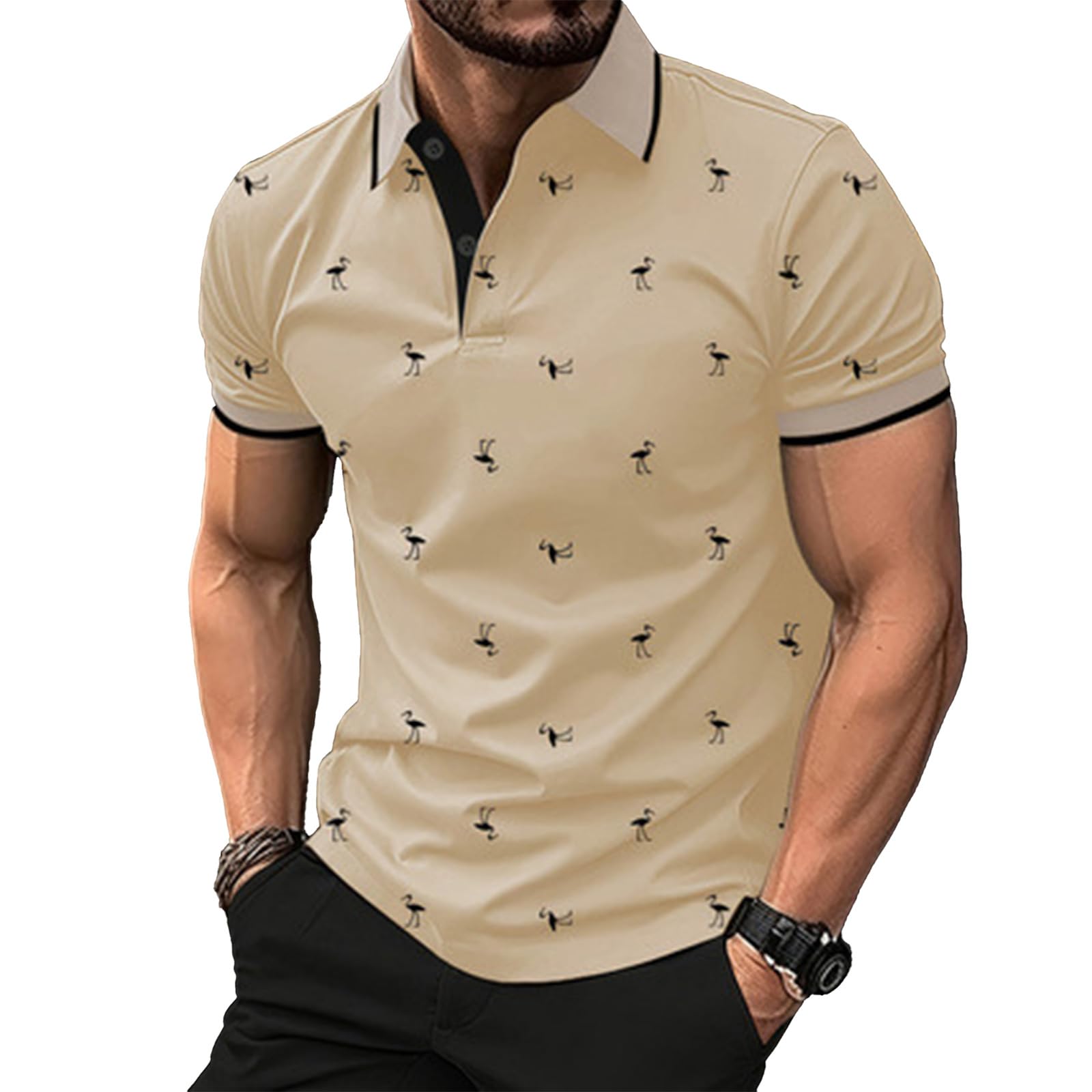DEEX 2XL Khaki Men's Polo Shirts Short Sleeve 2026 Casual Polo T Shirt Color Block Slim Fit Summer Collared Golf Shirts