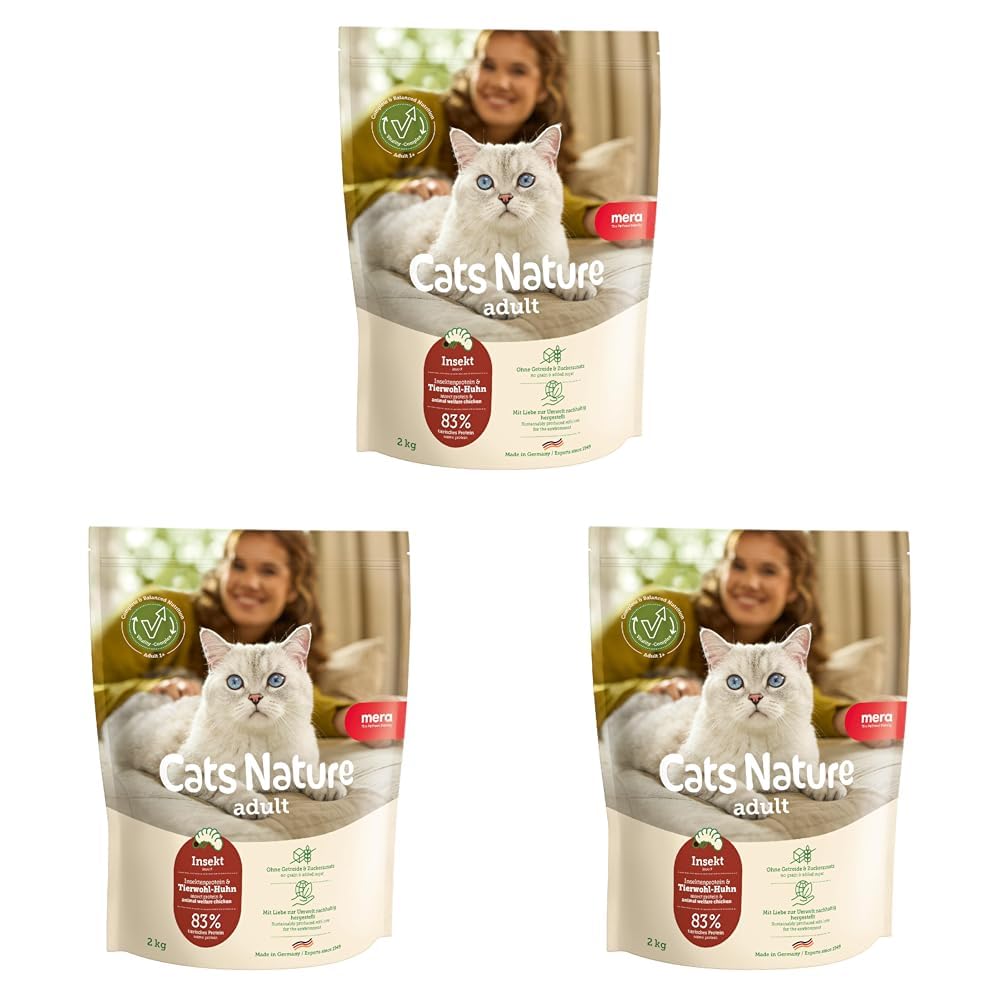 MERA Cats Nature Insekt Premium Katzenfutter Trocken 2kg | Getreidefrei & zuckerfrei | Nachhaltig & mit viel Insektenprotein | Adult Katzen Trockenfutter | Dry Cat Food (Packung mit 3)