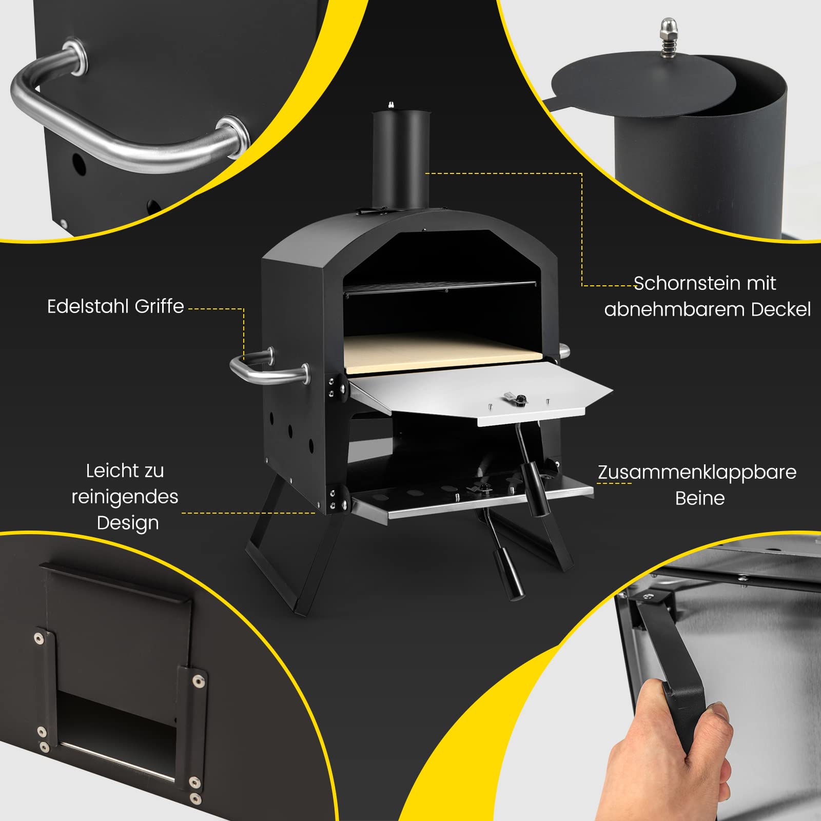 COSTWAY Outdoor Pizzaofen, 2-lagigem Pizza Ofen mit Grillrost, Pizzastein, Pizzaschaufel, wasserdichter Abdeckung, hitzebeständigen Griffen & klappbaren Beinen, für Picknick, Camping, Party