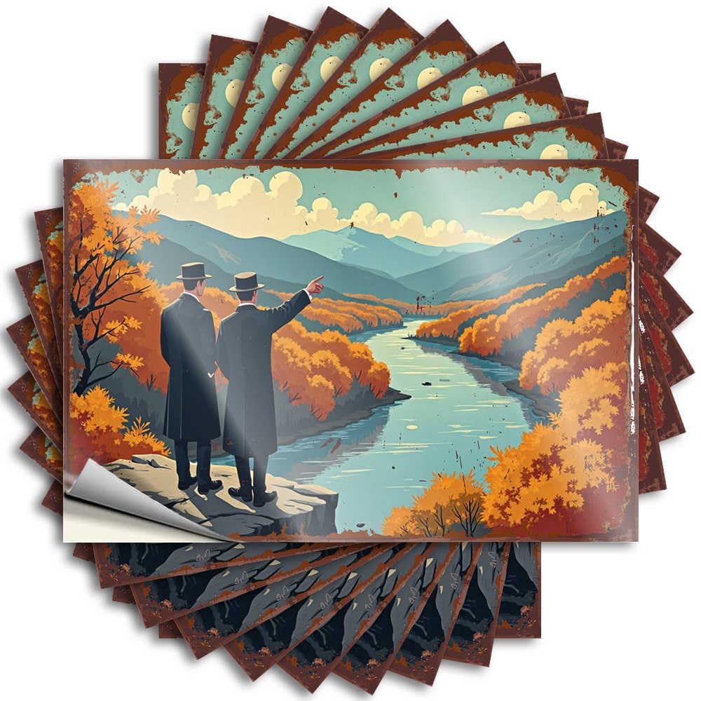 Fzfn Men's Colour Decals Funny House Decor | Unique Bottle Two In Trench Coats Admire Autumnal Landscape With River And For Fishing(8X12cm)