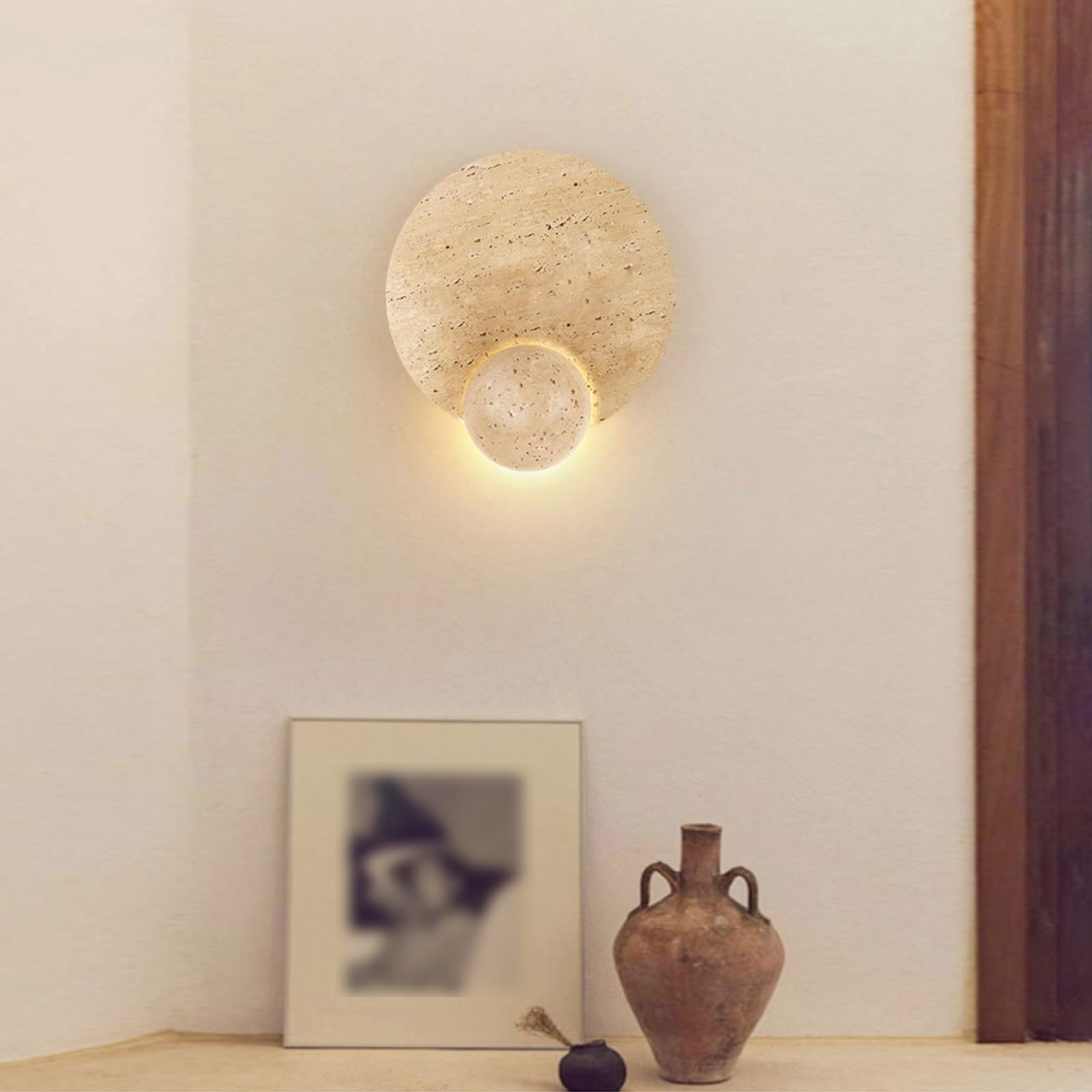 Oprawa oświetleniowa Wabi-Sabi Art Decor, nowoczesna kinkiet z trawertynu, okrągła marmurowa lampa naścienna, kinkiet ścienny w stylu japońskim z naturalnego kamienia do sypialni(Yellow)