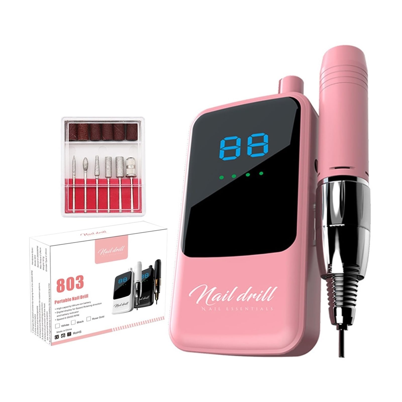 Nagelfräser, Nagelbohrmaschine Mit 35.000 U/min, Wiederaufladbarer Elektrischer Nagelpolierer, Tragbarer Nagelschleifer LCD-Display, Professionelle Maniküremaschine(Noir)