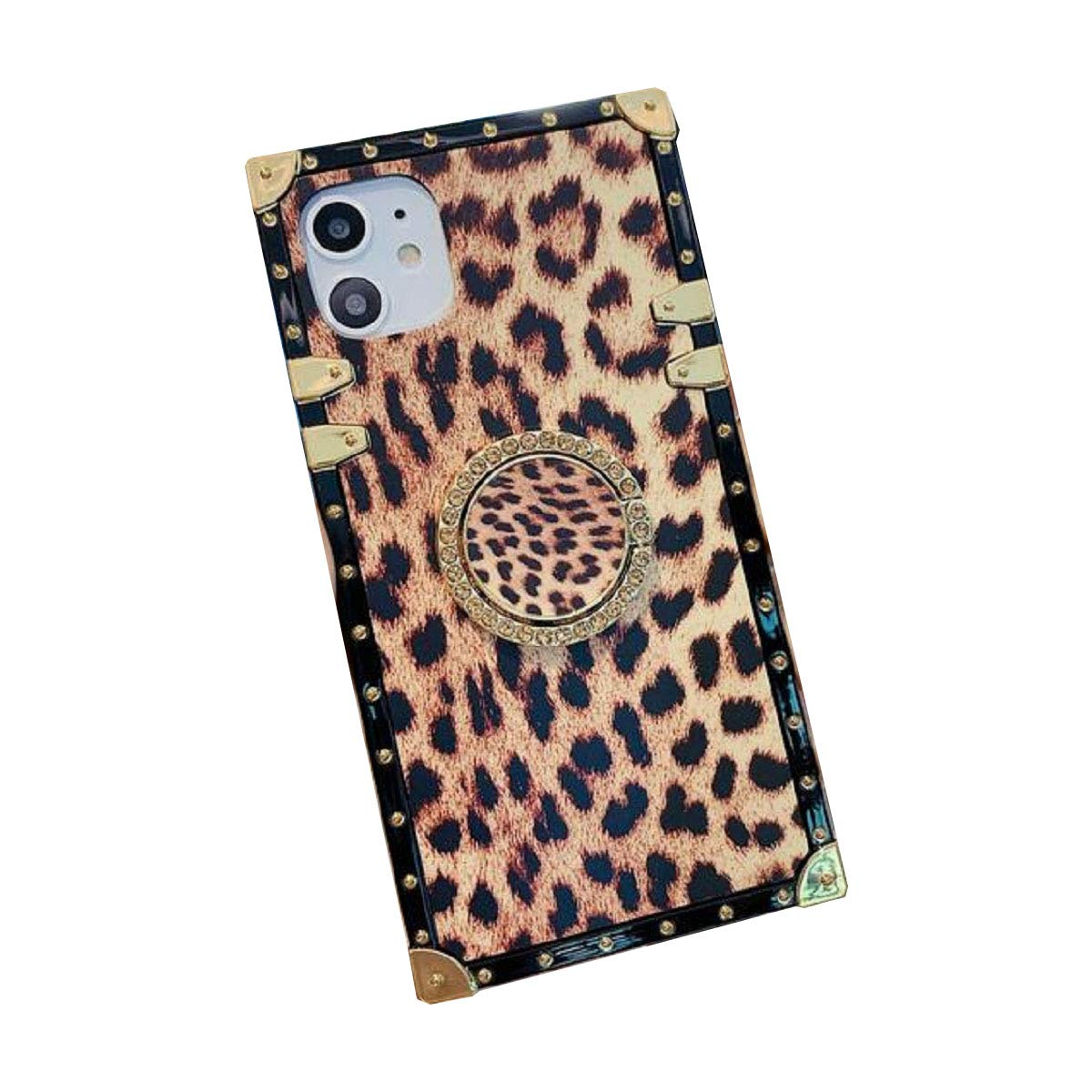 Compatible with iPhone 12 Case Leopard Print Square Luxury Soft TPU Golden Metal Edge Decoration Design Shockproof Bumper Protection Back Cover (iPhone 12(6.1"))