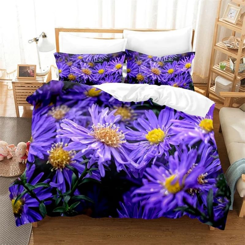 Housse de couette 140x200 microfibre 110g/m² imprimé floral 3D et taies d'oreiller