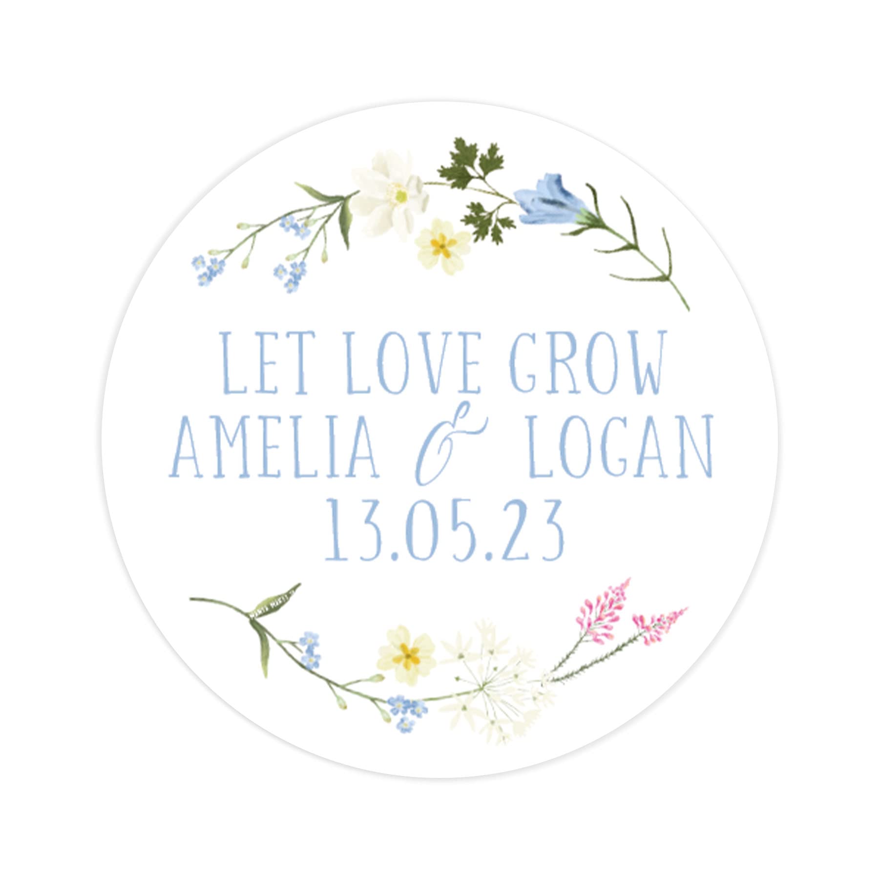 Manta Makes let Love Grow Personalised Stickers | Wildflower Leaves Botanical Wedding Favors | Floral Seed Packets | Wedding Favours Seed Stickers,Round (Let Love Grow)