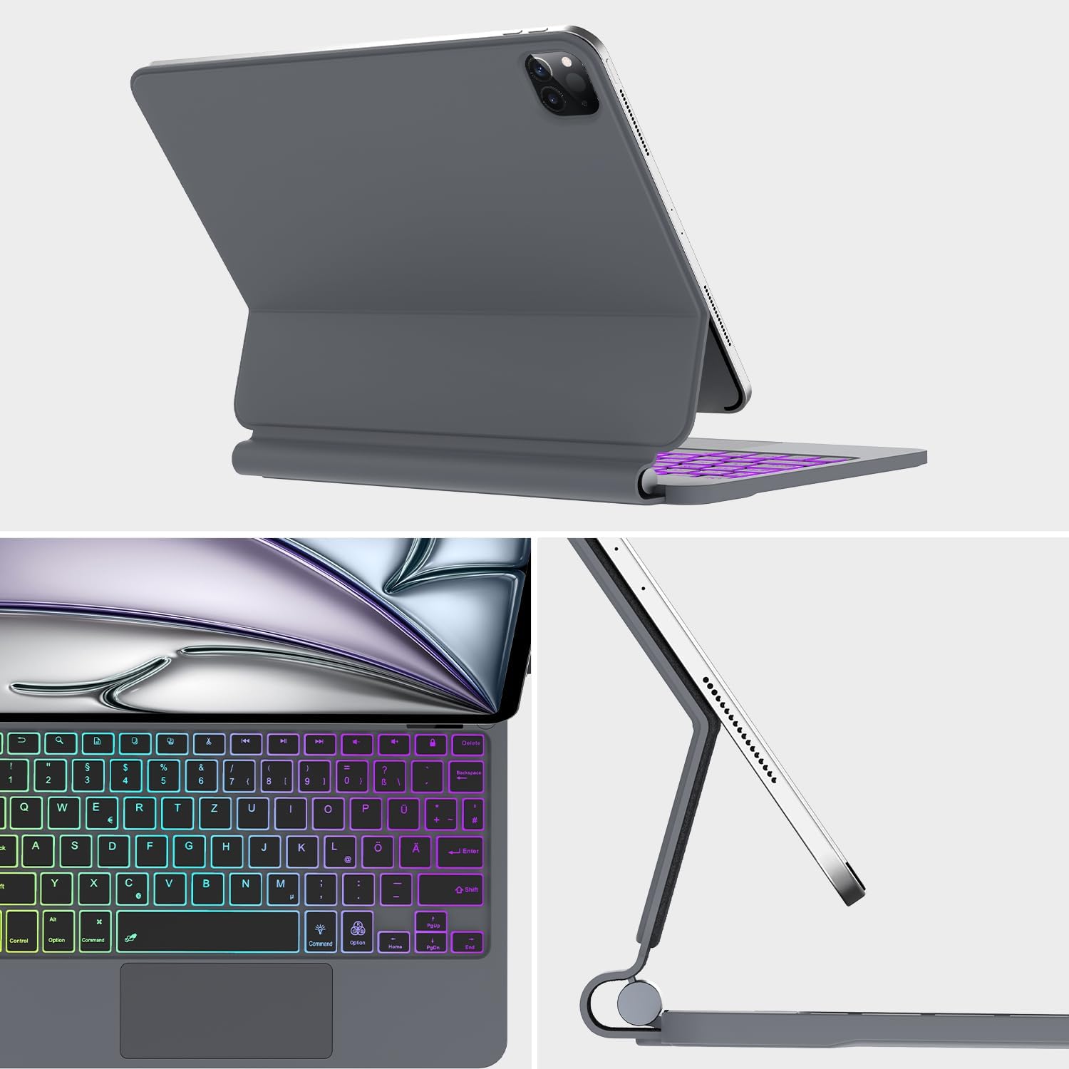 SENGBIRCH Magic Keyboard with an iPad attached, showcasing the floating design and backlit keys.