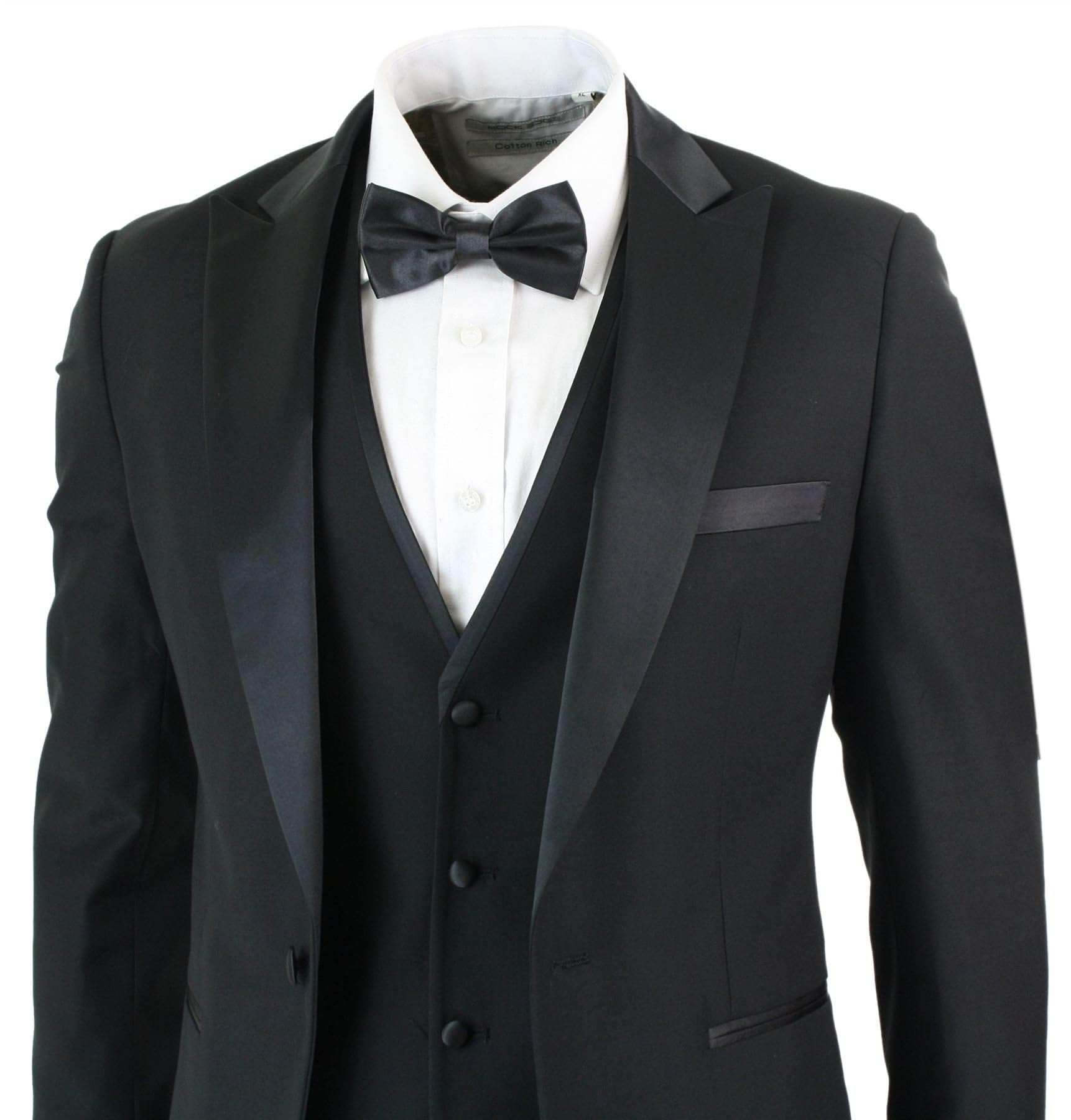 Paul Andrew Mens 3 Piece Black Classic Satin Tuxedo Dinner Suit Tailored Fit Wedding Prom
