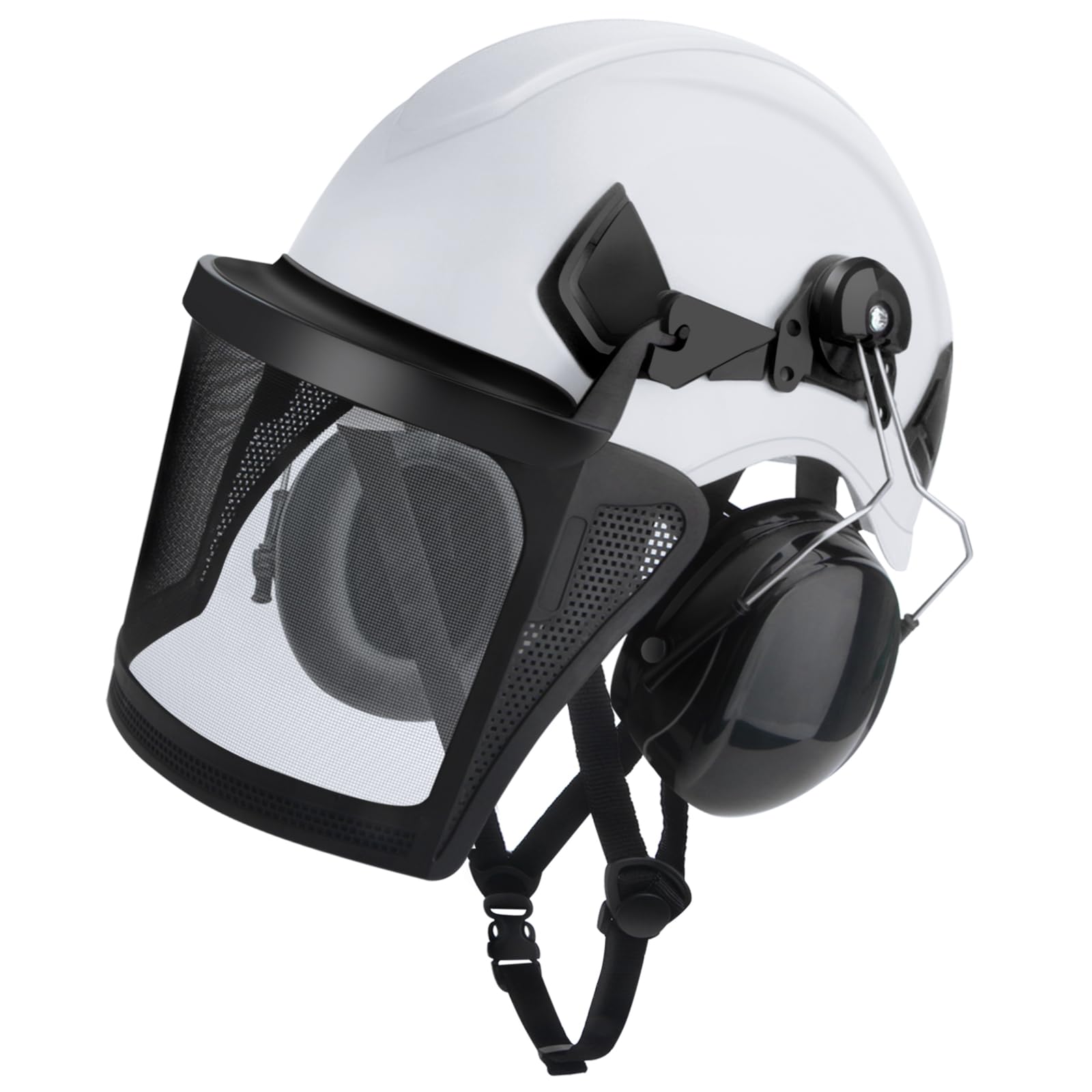 Forsthelm Helmet,Kettensägen-Sicherheitshelm,4-in-1 Kettensägen-Schutzhelm mit Gehörschutz Ohrenschützer und Gesichtsschutz Visier,Industrie Helm Schlagfeste Bequeme Belüftung Arbeitshelm -Weiß