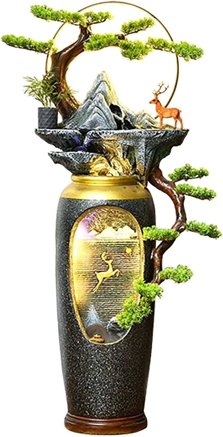 Floor Standing Outdoor Water Fountain, Deer Accents Flowing Water Ornament, Floor Standing Decorative Vase for Living Room, Entrance Door