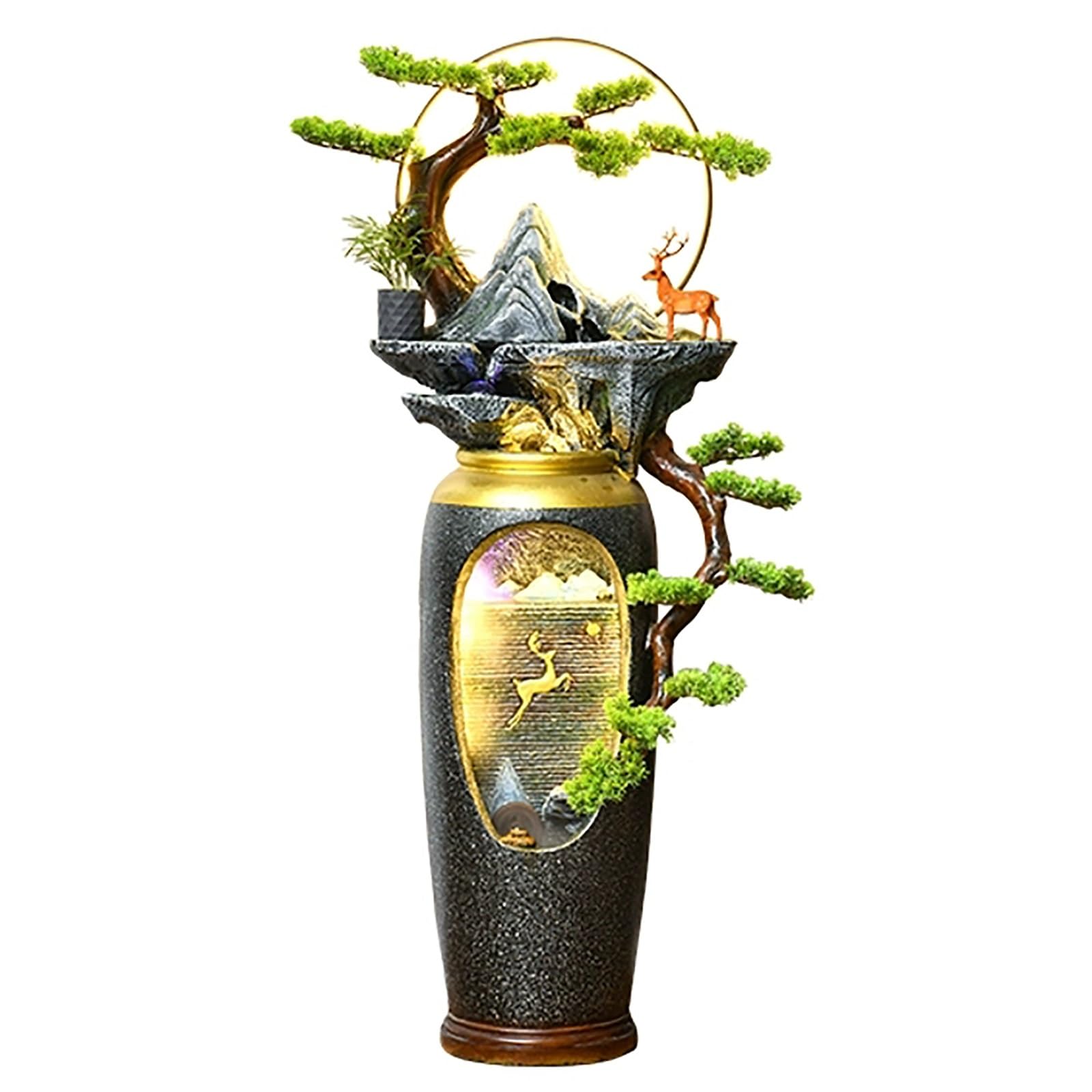 Floor Standing Outdoor Water Fountain, Deer Accents Flowing Water Ornament, Floor Standing Decorative Vase for Living Room, Entrance Door