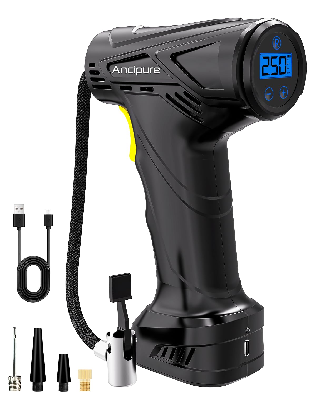 Tyre Inflator Air Compressor, 6000mAh USB Rechargeable Battery, 150PSI Handheld Pump With LED Light, Auto Shut-off, 3 Nozzles for Car, Bicycle, Motorcycle Tires, Ball