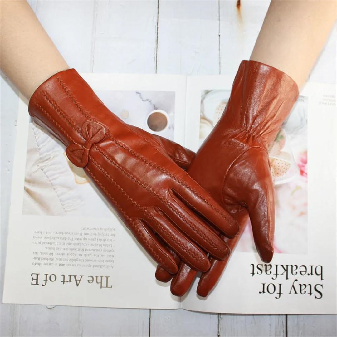 Damen Winter Style Leder Schaffell Handschuhe Mittellange Streifen Plus Fleece Warme Handschuhe Dunkelbraun 7 12