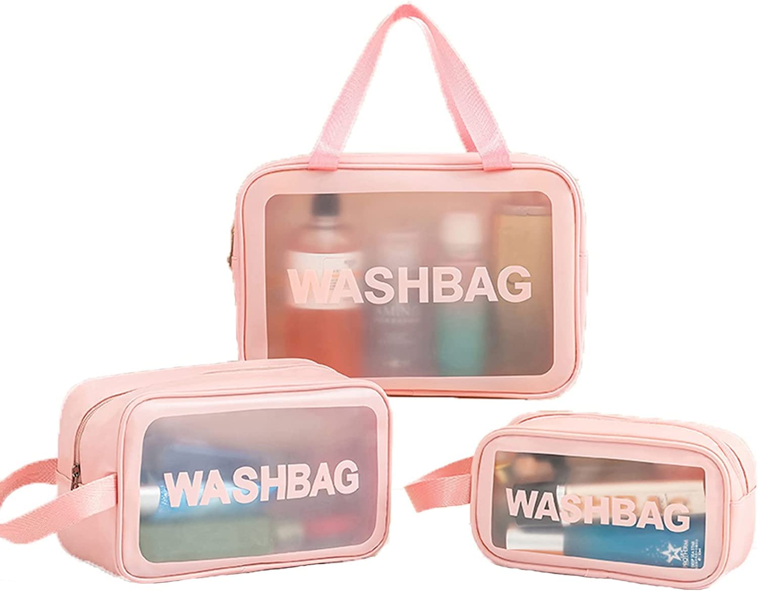 PENADIAClear Travel Bags for Toiletries Portable PVC Waterproof Cosmetic Bags, Transparent Travel Storage Pouch, Toiletry Bags and Cosmetics Organizer for Women and Girls (Pink ( Set of 3))