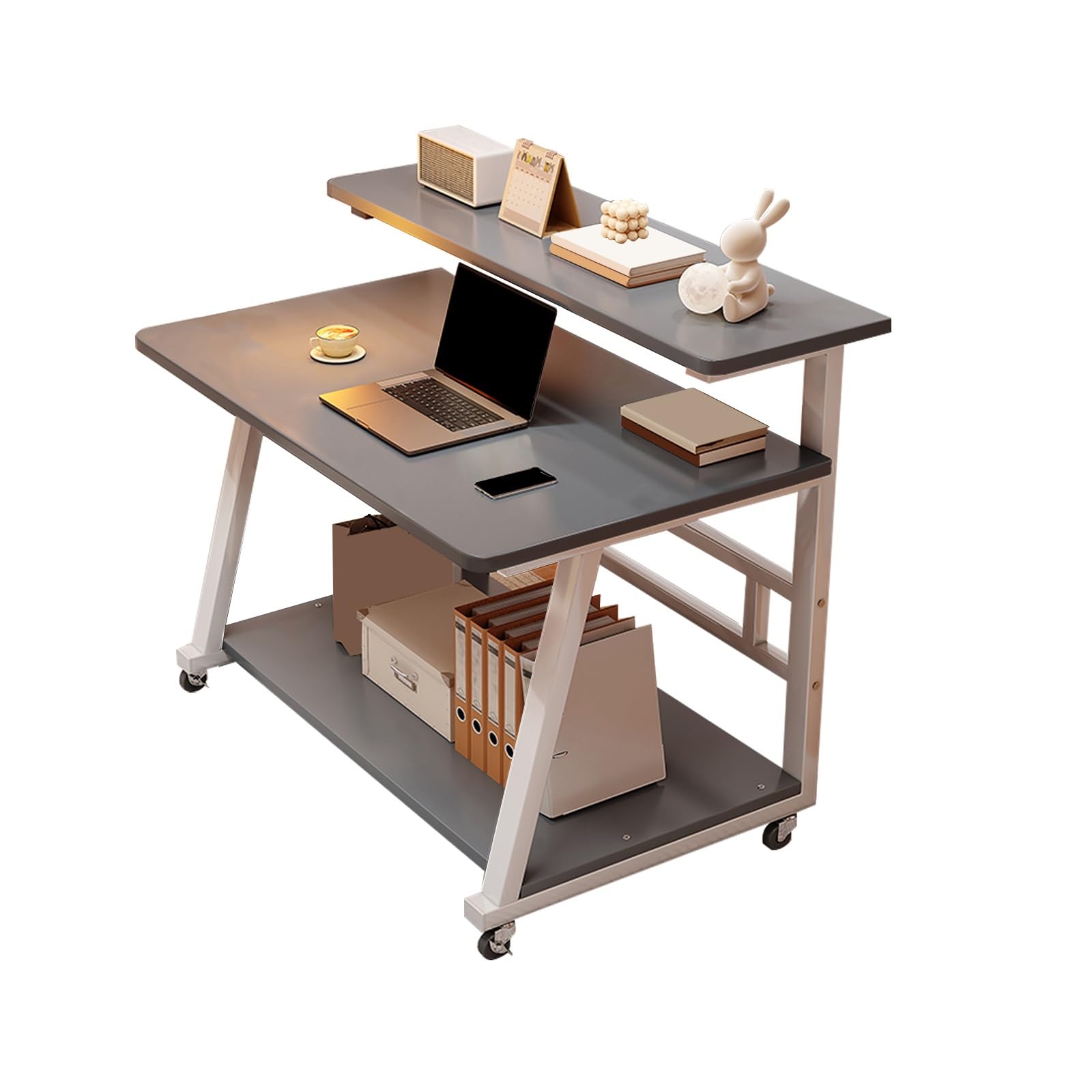Petit bureau d'ordinateur compact sur roulettes beige pour chambre