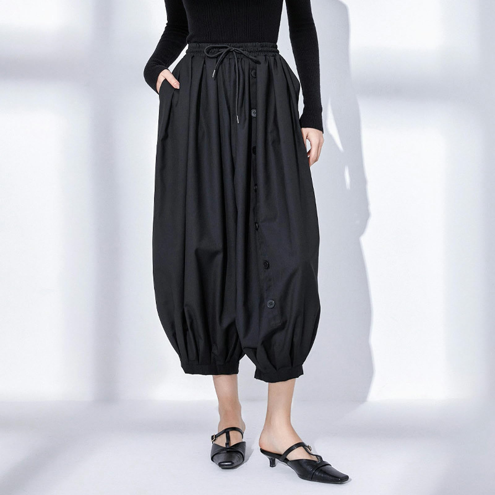 Pantalones Anchos Sueltos y versátiles Pantalones Casuales de Nueve Puntos para Mujer-Negro-M