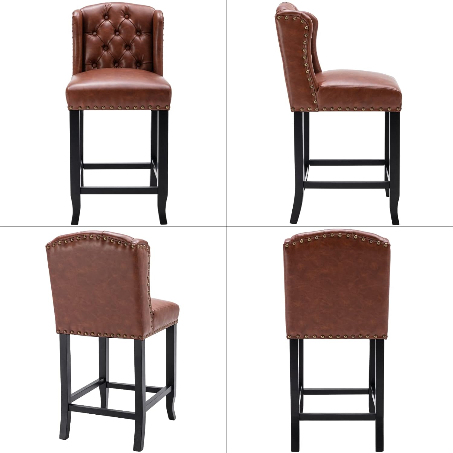 Brown PU Upholstered 26" Tufted Bar Stools with Nailhead Trim