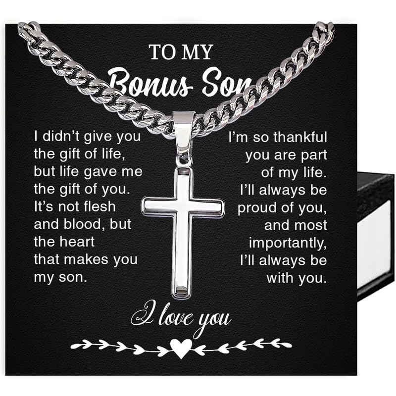 SUTERY To My Bonus Son Cross Necklace Stepson Gift Jewelry from Stepmom or Stepdad Personalized Cross Necklace for Bonus Son Birthday Graduation Present#2
