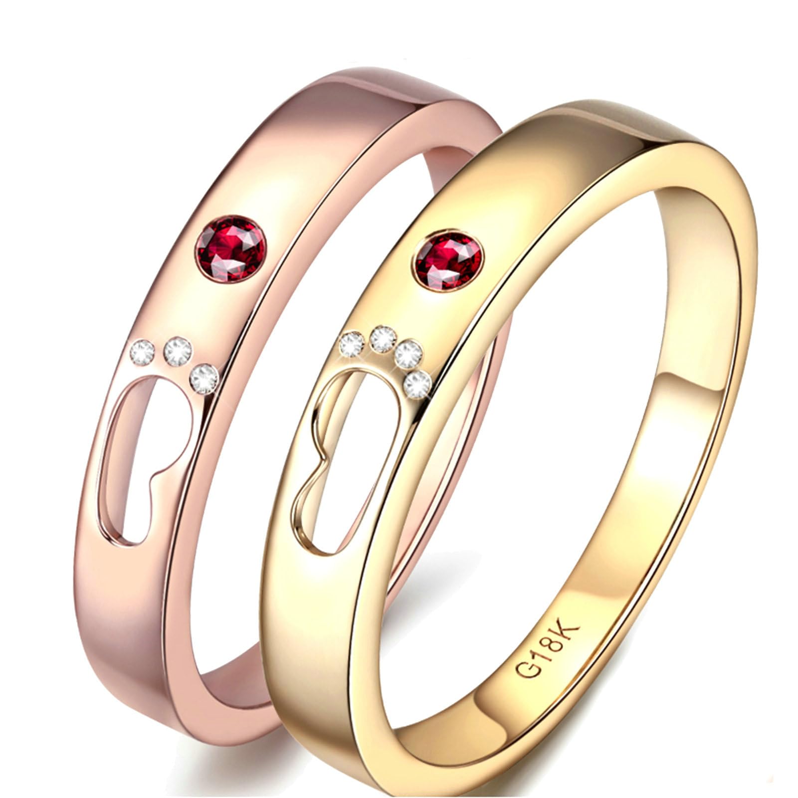 Anello di Matrimonio Oro 14K, Anelli Fidanzamento Donna e Uomo Design Vuoto Impronta Rubino Rosso Sintetico e Moissanite Fedi Nuziali Coppia Oro Rosa