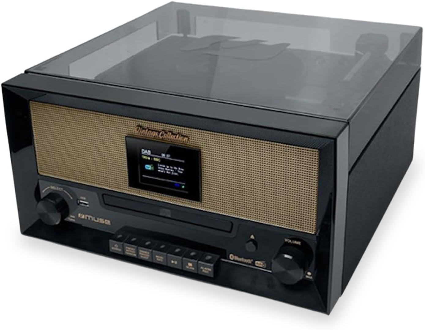 Muse MT-110DAB Turntable with lid closed, showing compact design