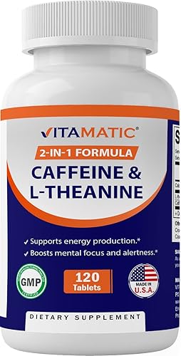 Vitamatic L-teanina 200 mg con cafeína 100 mg 120 tabletas vegetarianas - Suplemento nootrópico para energía enfocada