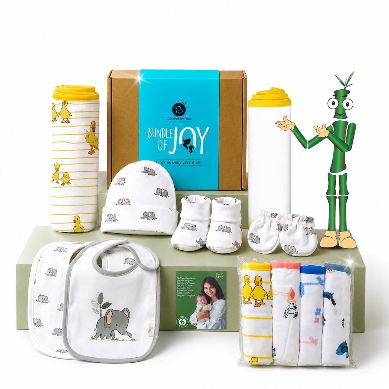 TINYLANE - Curated For You! Newborn Baby Products Gift Set (13 Pcs), Essential Clothing Gift Kit For Infants Of 0-3 Years, Swaddles, Bibs, Cap, Booties, Mittens & Washcloths, Ideal Baby Shower Gift Pack-picture-29