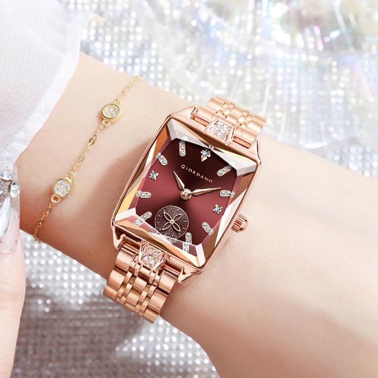 Image of Giordano Analog Watch for Women - Rectangular Dial, Crystal Hour Markers and Rose Gold Stainless Steel Strap