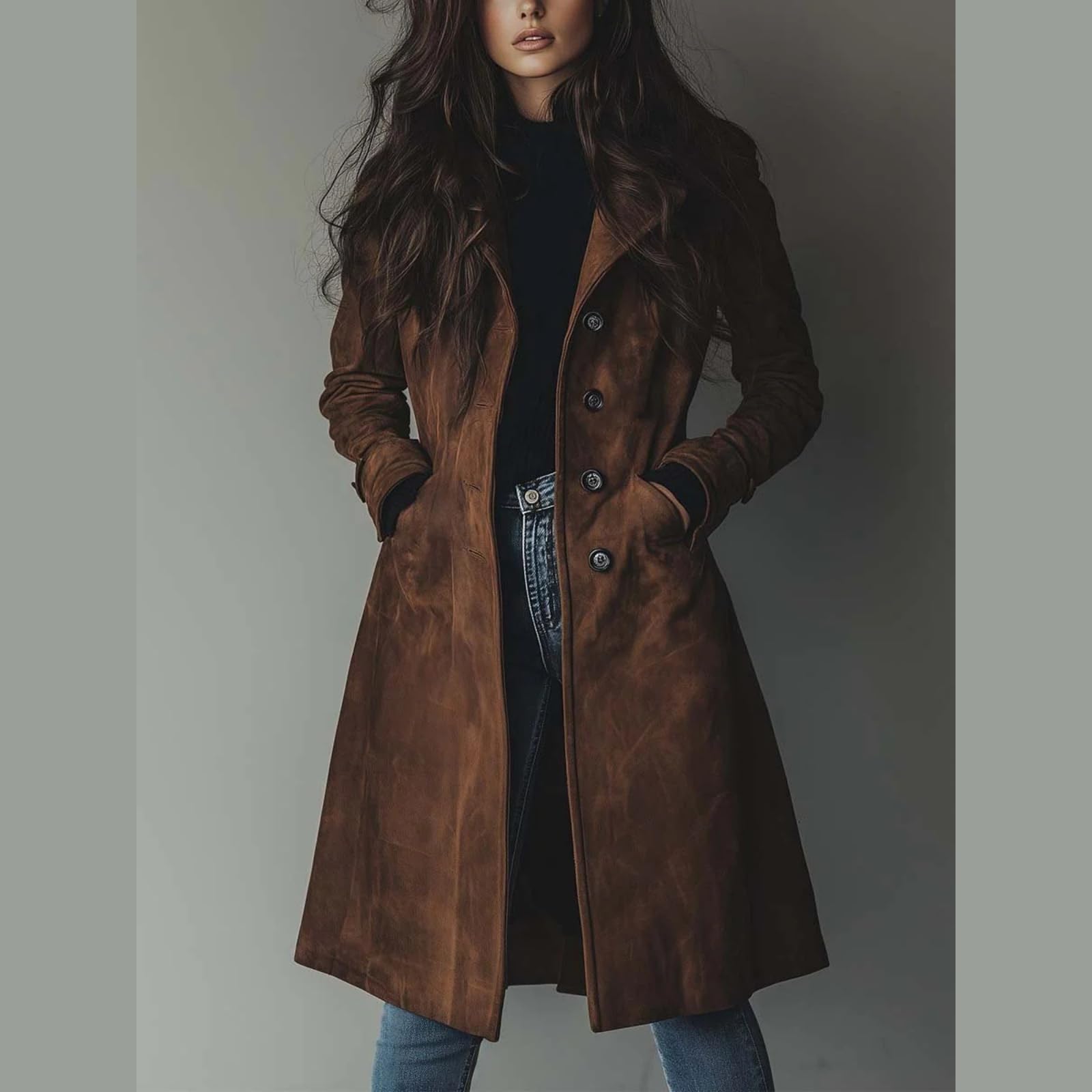 Giacca in pelle scamosciata per le donne Autunno Inverno Doppio Petto Classico Risvolto Slim Ladies Faux Suede Cappotto Trench Vintage Suede