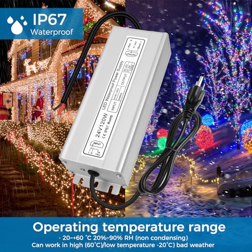 Image of LED Driver 120W 24V Power Supply, IP67 Waterproof Low Voltage Transformer, AC 80-265V to DC 24V 5A Converter with 3-Prong Plug 3.3 Feet Cable for Outdoor LED Lights, Industrial, Computer