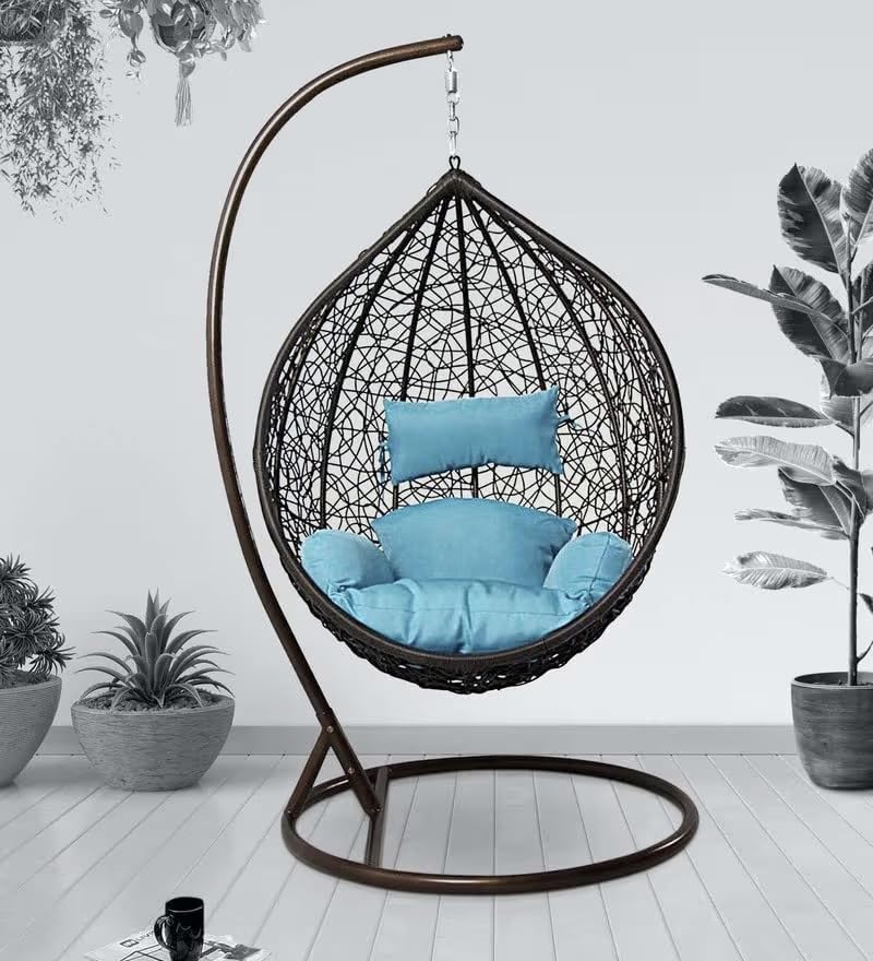 Image of Single Seater Swing Chair with Stand & Cushion Outdoor Indoor Balcony Garden Patio, Powder Coated Frame, UV-Protected Wicker, Premium Cushion, Swing Chair (Black-Sky Blue)