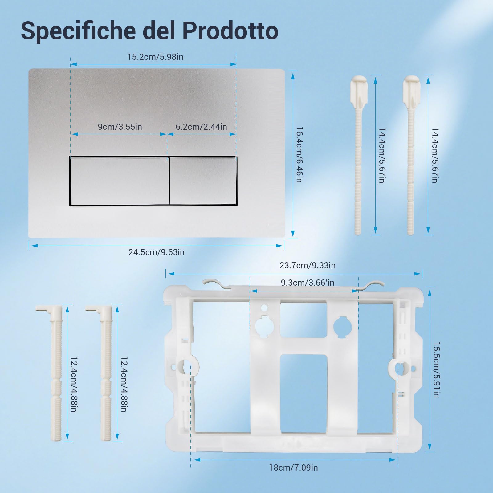 Mendorio Placca di Comando WC, Compatibile con Geberit Sigma, UP300 e UP320, Piastra Doppio Scarico, Dimensioni 243×163 mm, Completa di Set di Leve di Scarico e Telaio di Montaggio (Argento)